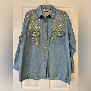 Vtg 80’s Oversized Embellished Denim Button Down Shirt with Gold Accents